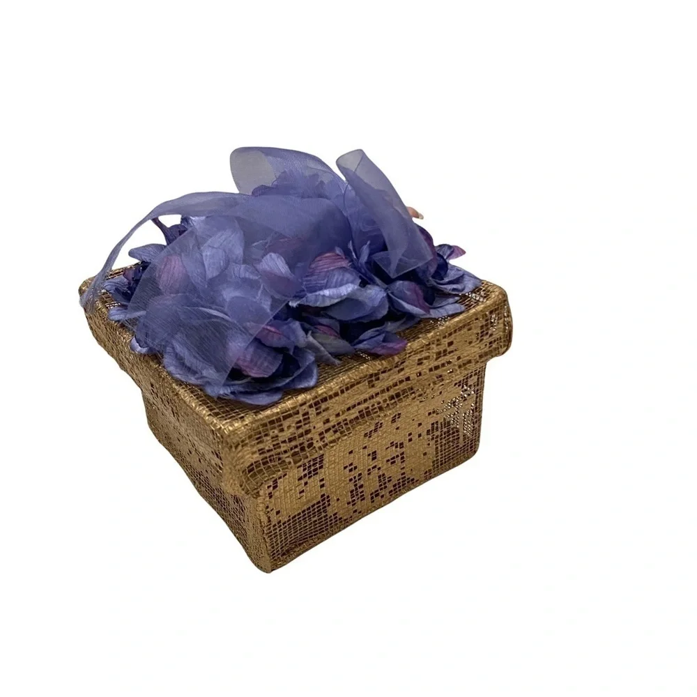 Treasure Trinket Gold Mesh Box with Lid Purple Floral 4x4x2.75